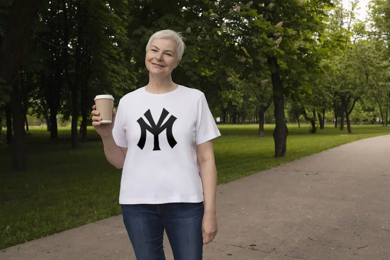 Woman carrying a coffee while wearing a black shirt with white Mississippi Yankees